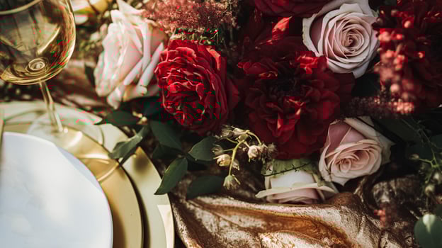 Wedding and event celebration tablescape with flowers, formal dinner table setting with roses and wine, elegant floral table decor for dinner party and holiday decoration, home styling photo