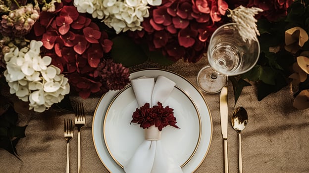 Wedding or formal dinner holiday celebration tablescape with hydrangea flowers in the English countryside garden, table setting and wine, floral table decor for family dinner party, home photo