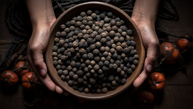 Hands Holding Bowl of Black Pepper Spices photo