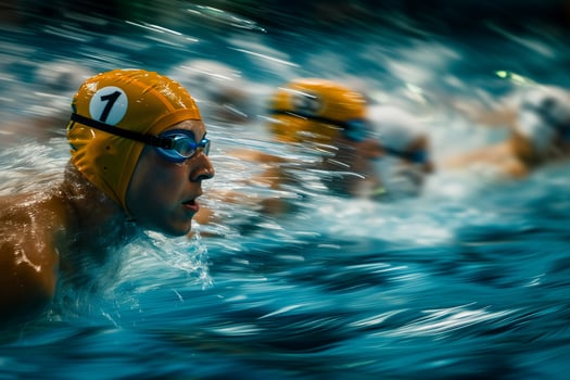 Swimming athletes competing in a pool photo