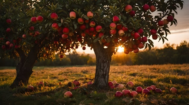 Apple trees in the garden at sunset.Apple harvest photo