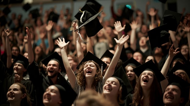 Happy bachelor students lift up their caps photo