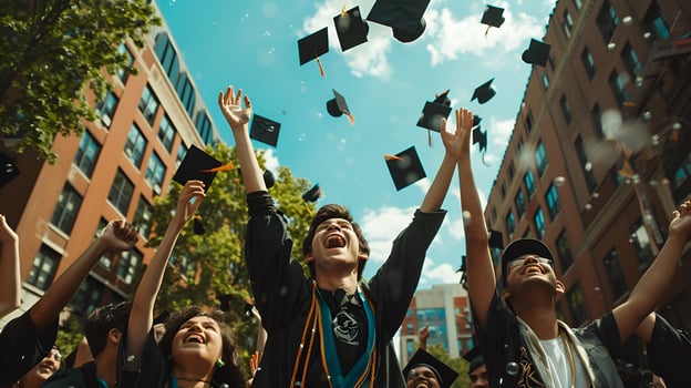 Happy bachelor students lift up their caps photo