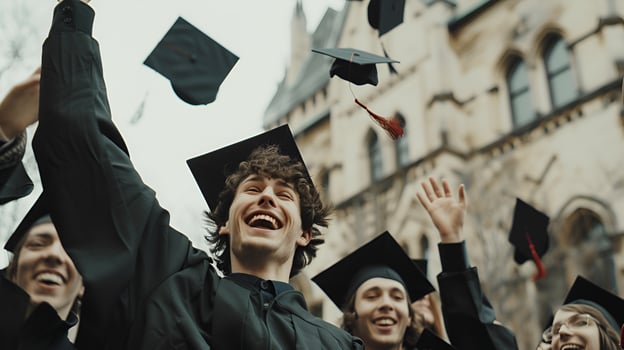 Happy bachelor students lift up their caps photo