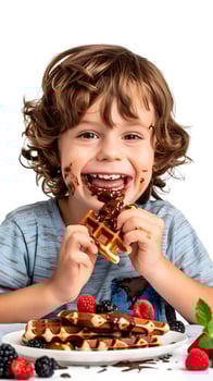 A joyful child eats delicious Belgian waffles with chocolate cream and berries photo