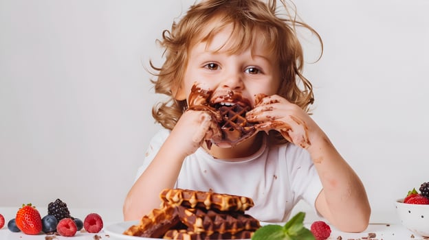 A joyful child eats delicious Belgian waffles with chocolate cream and berries photo