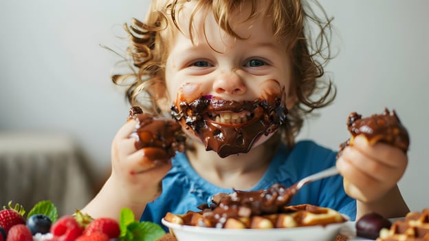 A joyful child eats delicious Belgian waffles with chocolate cream and berries photo