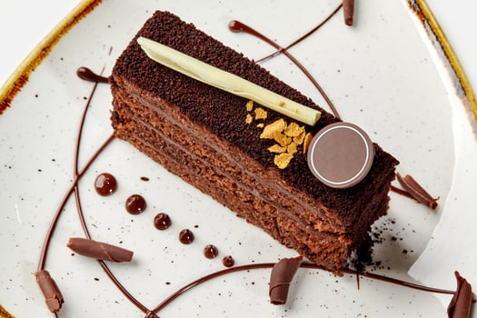 Chocolate sponge pastry with layers of ganache on plate photo
