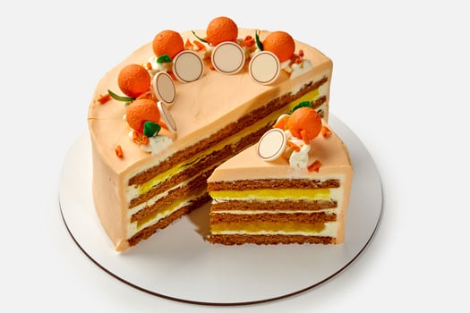 Sliced honey cake with whipped sour cream and orange confit photo