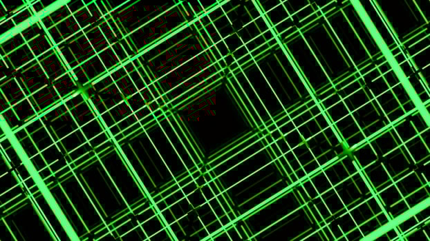 Rotating animation with square line construction. Design. Spatial grid with lines and squares. Electronic grid with square tunnel photo