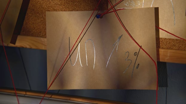Notes with red thread. Stock footage. Close-up of mysterious notes connected by red thread. Symbols and puzzles on mysterious board with threads photo