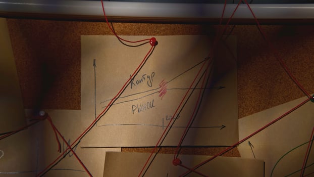 Note with inscription on wall. Stock footage. A note with an inscription on the wall. Close-up of note with inscription on red thread. Lantern lighting notes on string in night office photo