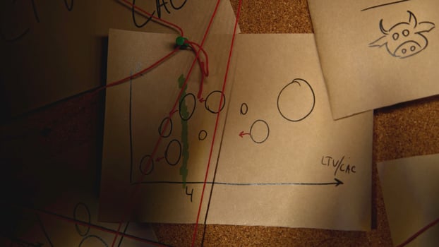 Mysterious notes on board. Stock footage. Lantern illuminates night room with notes. Mystical investigation with notes and red thread in night room photo