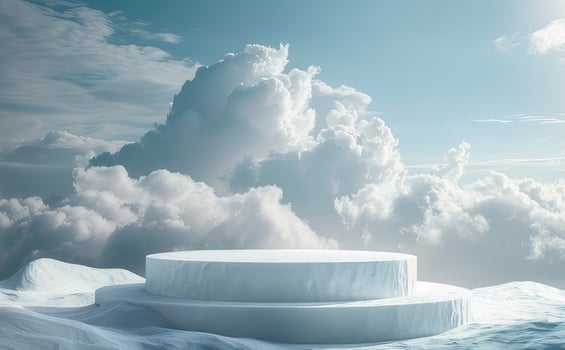 White podium for product presentation. Product advertising. Clouds in the background photo