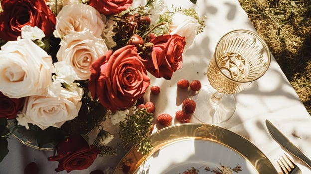 Wedding and event celebration tablescape with flowers, formal dinner table setting with roses and wine, elegant floral table decor for dinner party and holiday decoration, home styling photo