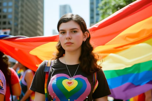 Young Woman Celebrating Pride Day with Rainbow Flag photo