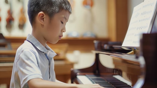 Young Chinese Boy Playing Piano, Musical Education, Childhood Music Lessons, Asian Child Practicing Piano photo