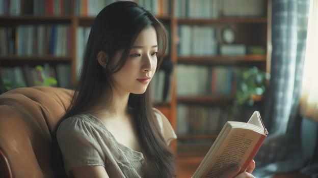 A woman is sitting comfortably on a couch, engrossed in reading a book photo
