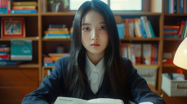 South Korean Teenage Girl Studying at Home Desk, Focused Student with Long Black Hair, Surrounded by Books and Warm Lighting photo