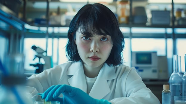 Young East Asian Woman Scientist Conducting Research in Laboratory Environment Featuring Modern Technology photo
