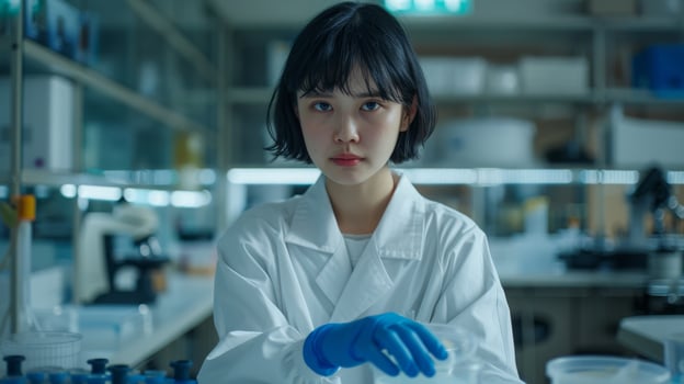 Young East Asian Female Scientist in Laboratory Uniform Conducting Experiments, Wearing Blue Gloves - Scientific Research and Innovation Background photo