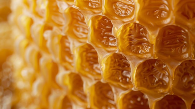 Close-Up of Textured Golden Beeswax Honeycomb Surface with Natural Detail for Eco-Themed Design Print and Poster Use photo