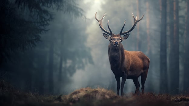 Majestic Red Deer Stands Tall in Misty Forest With Impressive Antlers Ideal for Nature Prints and Posters photo