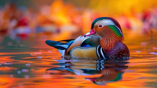 A vibrant mandarin duck is gracefully swimming in the water photo