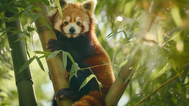 Playful Red Panda with Reddish Brown Fur Posing on Bamboo Tree in Lush Green Forest photo