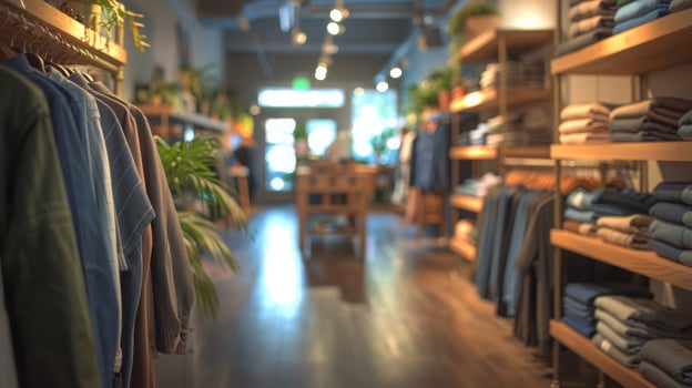 A neatly arranged clothing boutique features wooden shelves and racks displaying folded and hanging garments, with natural light streaming in from the entrance. photo