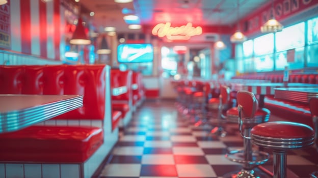 Classic American 1950s-style diner showcasing red booths, checkerboard floor, and neon lights during daytime, evoking nostalgic vibes. photo