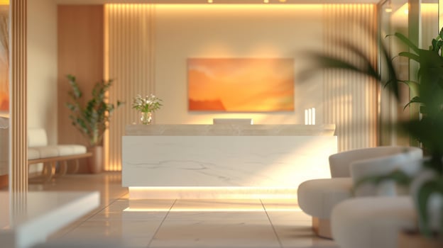 A sleek, contemporary lobby features a marble reception desk, warm ambient lighting, potted plants, and modern artwork on the wall. photo