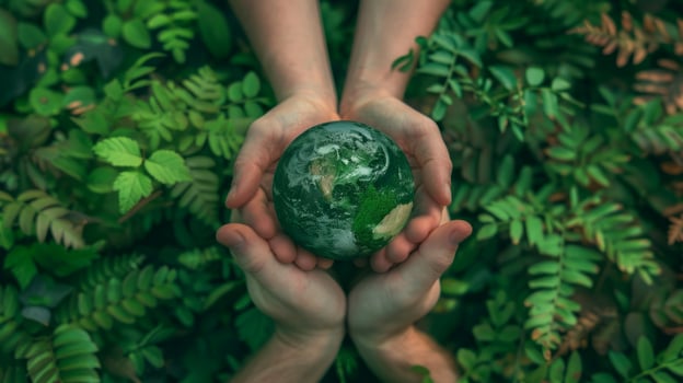 Two hands delicately hold a miniature green earth in front of vibrant green leaves. photo
