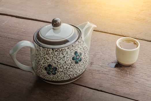 Hot tea, Tea cup with pot on wood table photo
