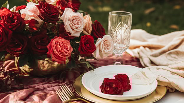 Wedding and event celebration tablescape with flowers, formal dinner table setting with roses and wine, elegant floral table decor for dinner party and holiday decoration, home styling photo