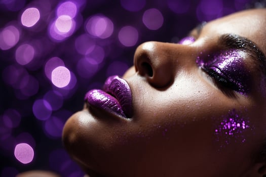 A close-up of a black model with her eyes closed, purple glitter eyeshadow shimmering on her lids photo