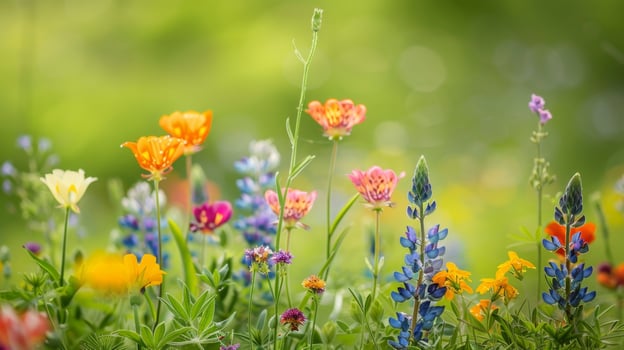 Vibrant wildflowers in a colorful meadow under a clear blue sky. Perfect nature shot capturing the beauty and diversity of flowers in bloom. photo