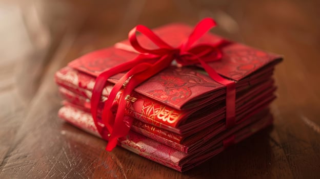 Stack of beautifully wrapped red envelopes tied with a ribbon on a wooden table. Perfect for festive, cultural, or celebratory themes. photo
