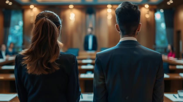 Two professionals face an audience in a formal meeting photo