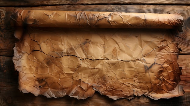 A worn piece of aged parchment paper with jagged edges rests on a dark wooden table. photo