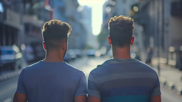 Back view of gay couple on the street of a city. Concept of LGBT pride. photo