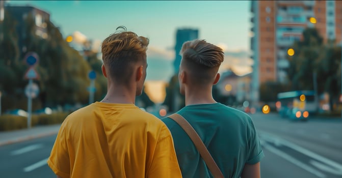 Back view of gay couple on the road of a city. Concept of LGBT pride. photo