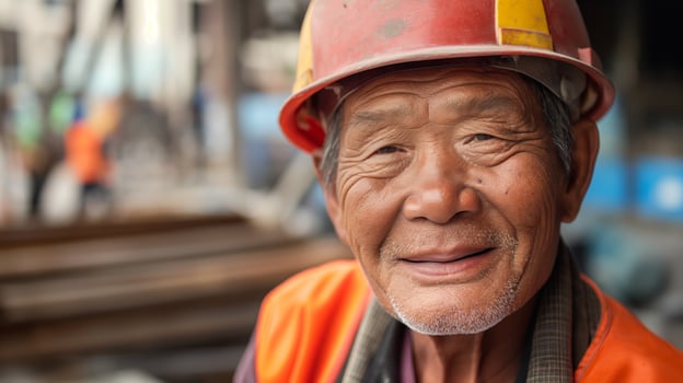 Smiling Elderly Chinese Man Wearing Safety Gear at Construction Site photo