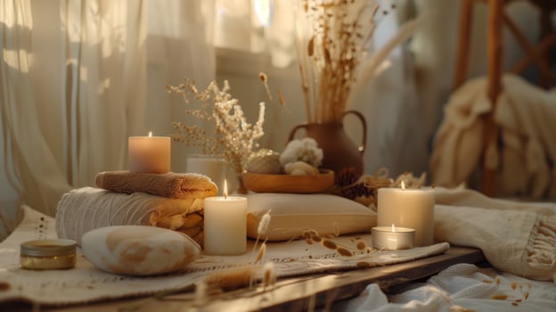 Cozy home spa setup with candles, dried flowers, and soft linens creating a relaxing atmosphere in warm natural light. photo