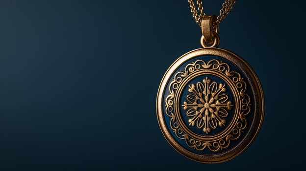 Intricately Designed Antique Gold Pendant on Elegant Chain Against Dark Blue Background with Ornate Detailing Symbolizing Classic Luxury Jewelry and Timeless Beauty photo