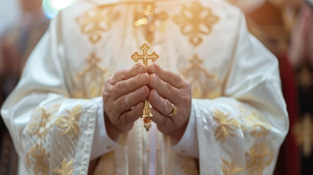 Hands of a priest with a cross in the midst of a sacred blessing ritual, embodying devotion and reverence photo