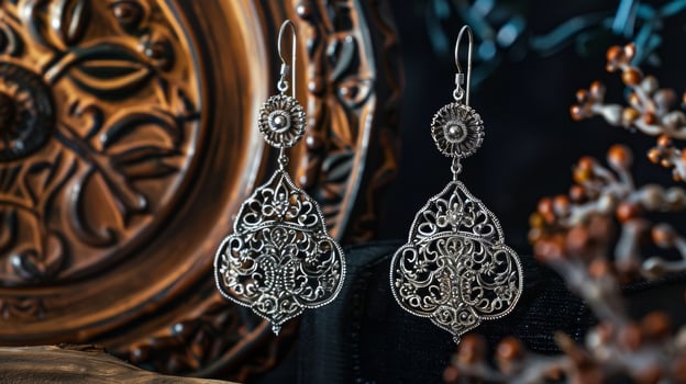 Intricate silver filigree work adorns a pair of dangling earrings capturing the essence of Western charm photo