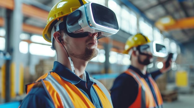 A team of construction planners using virtual reality headsets and controllers to simulate and adjust the logistics and layout of a warehouse construction projec photo