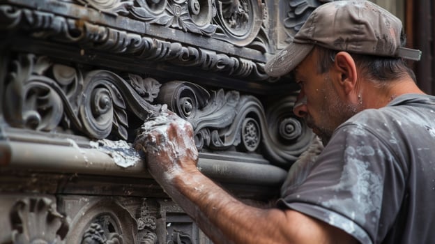 A closeup of a restorer delicately cleaning intricate carvings on a facade using specialized equipment photo