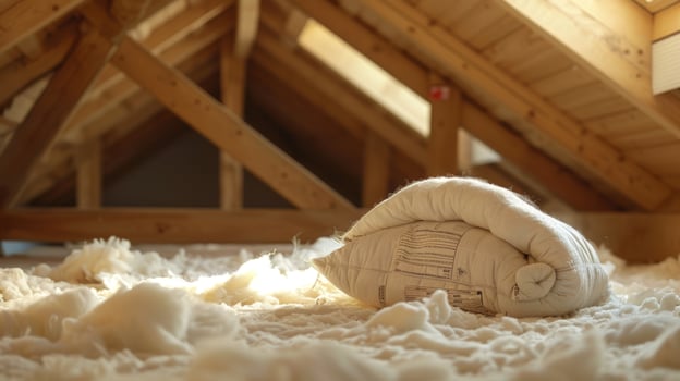 Soft fluffy blankets of insulation are p between floors and in attics to provide an additional layer of protection against heat and sound photo